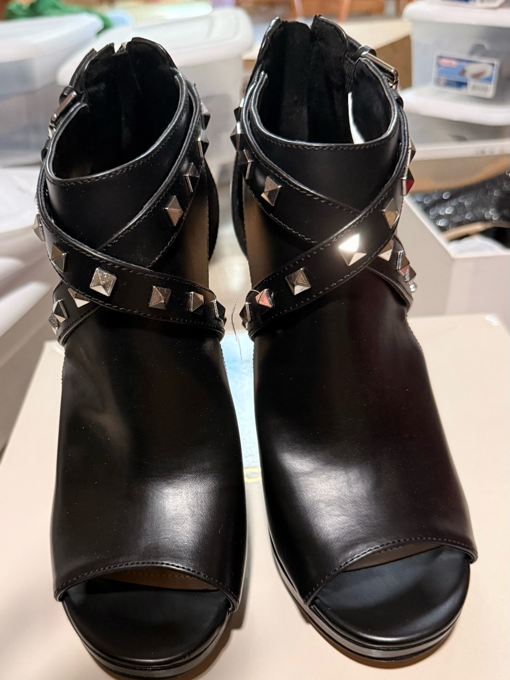 Marc Fisher Black Studded Peep-Toe Ankle Boots